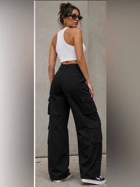 Good American Good Skate Cargo Pants Black Twill Wide Leg Size 4 NWOT